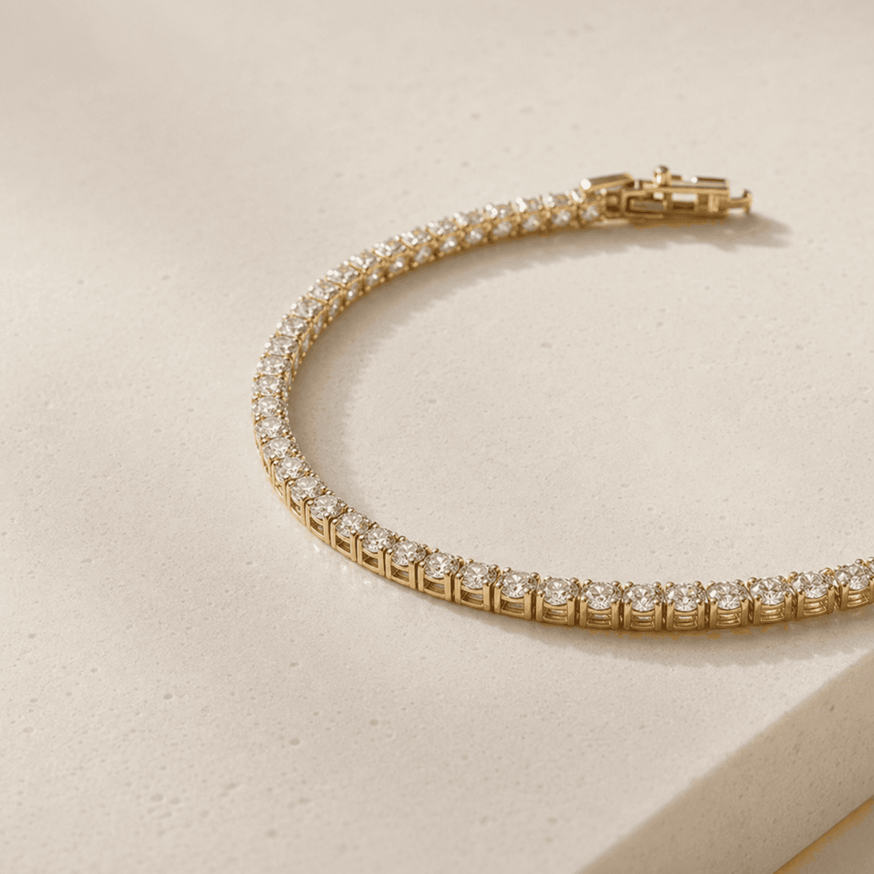 Moissanite bracelet on warm ivory background