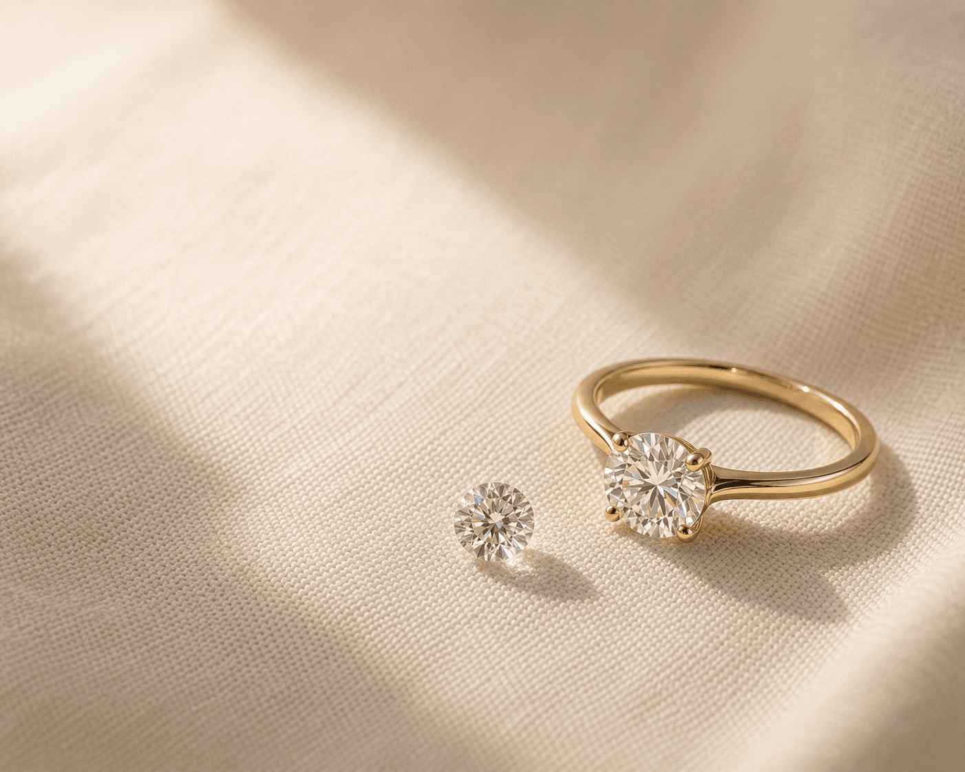 Gold moissanite ring and loose stone on ivory linen