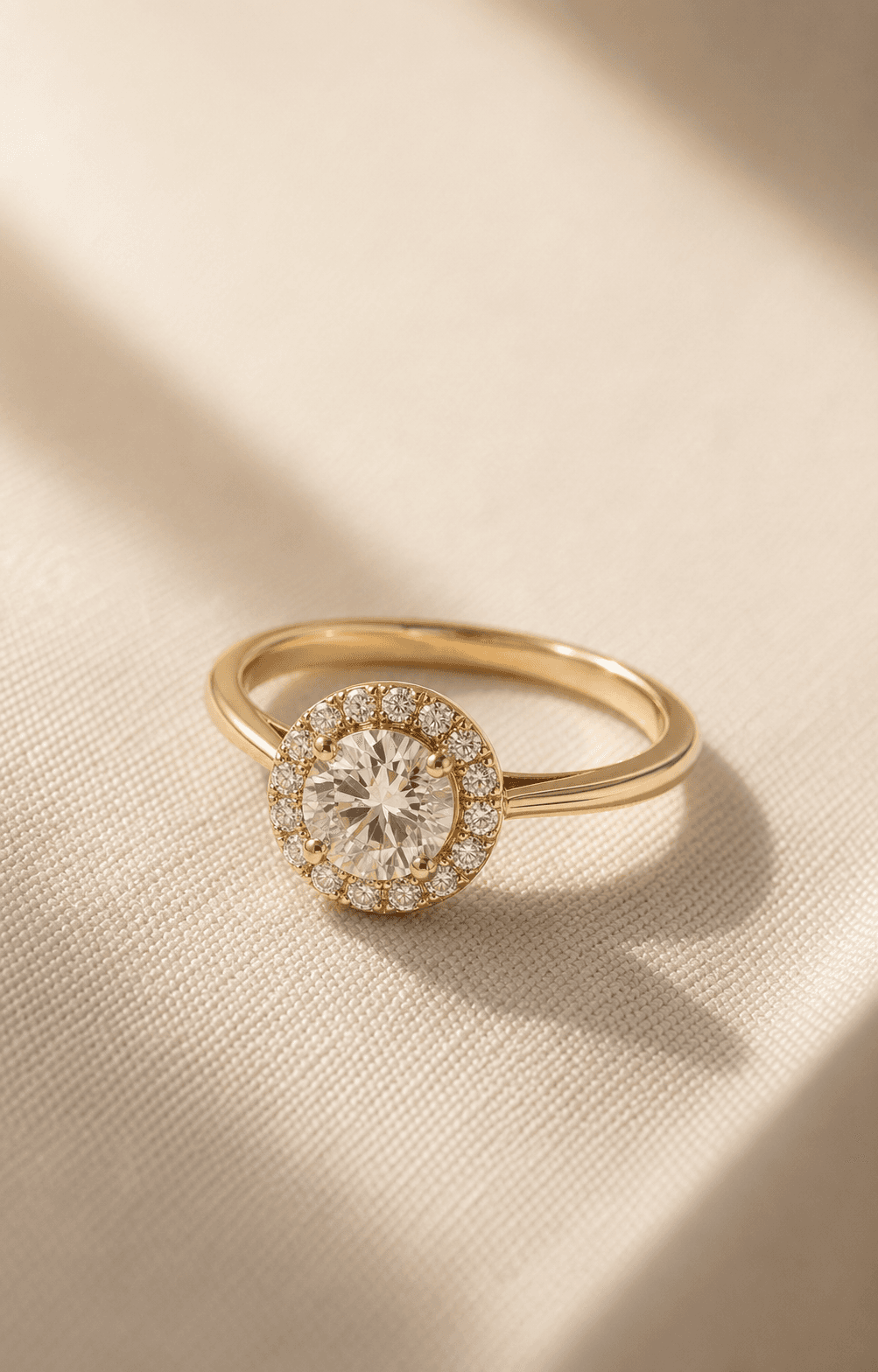 Halo moissanite ring on warm ivory background