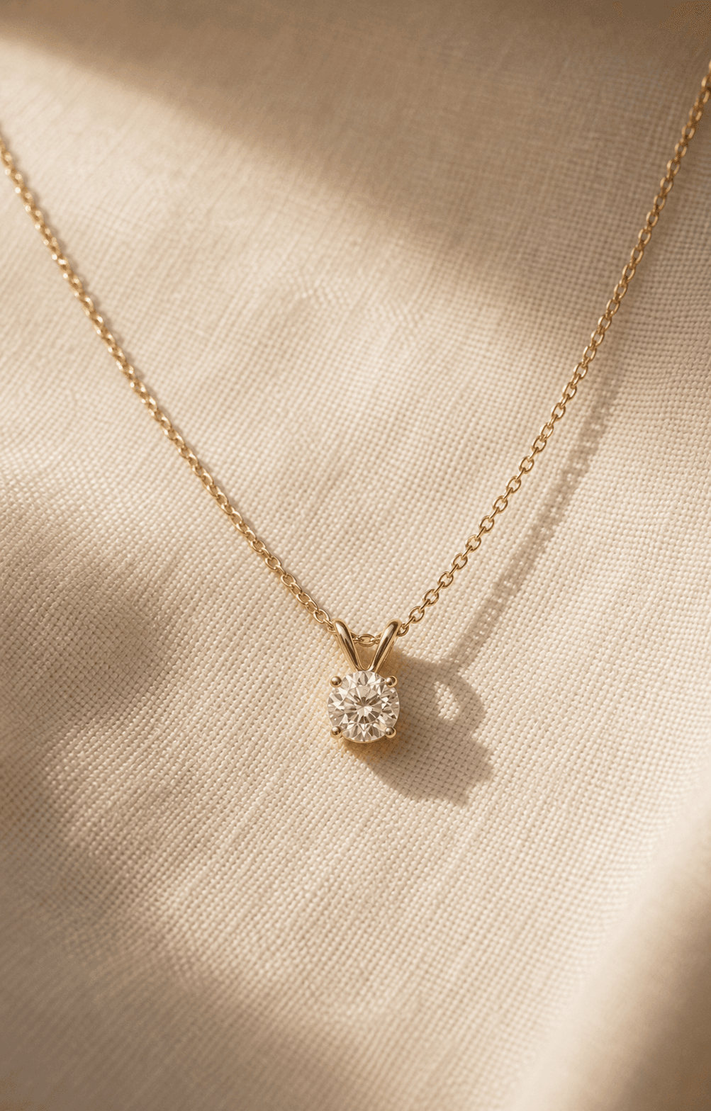 Moissanite pendant necklace on warm ivory background