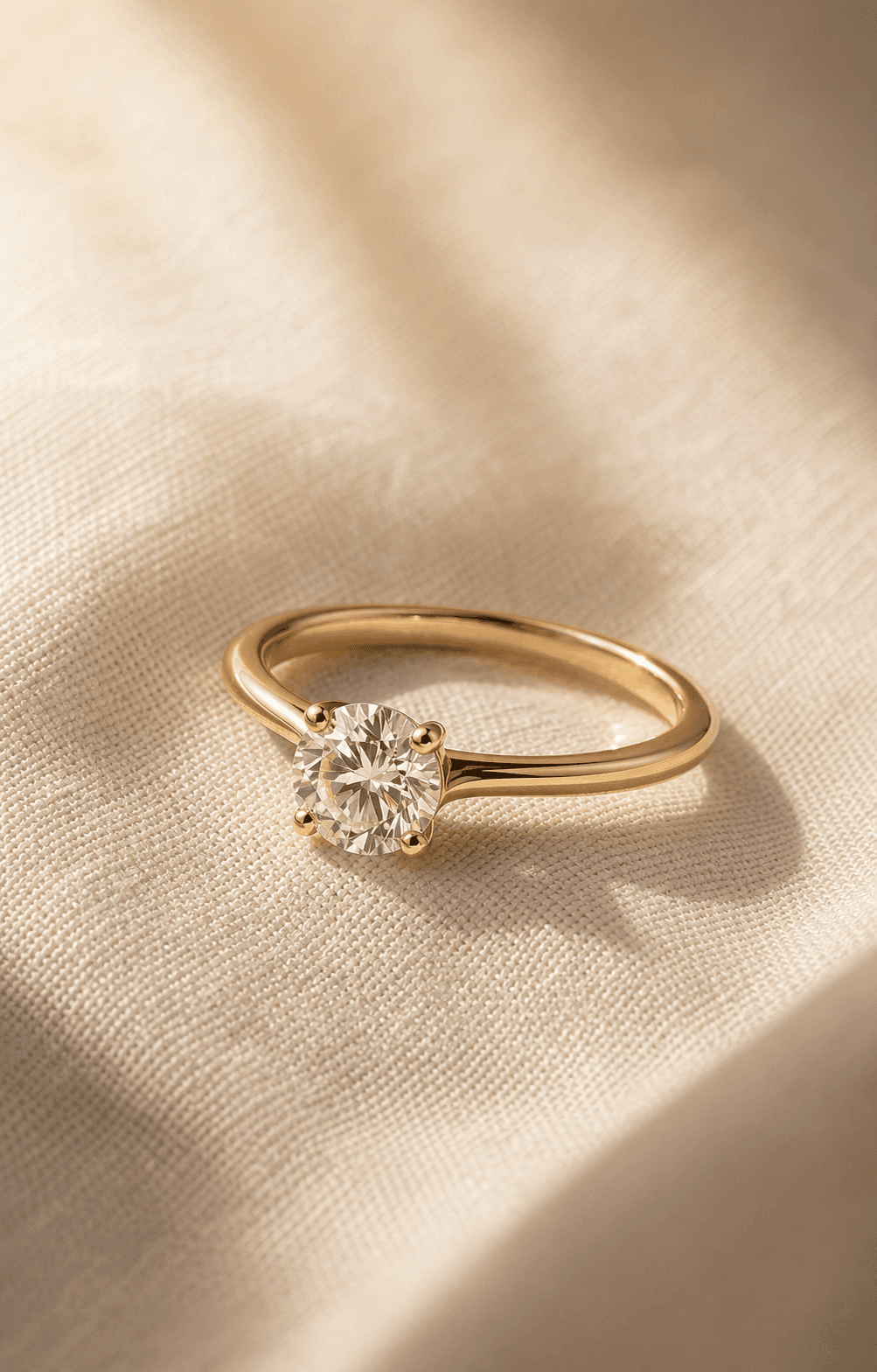 Solitaire moissanite ring on warm ivory background